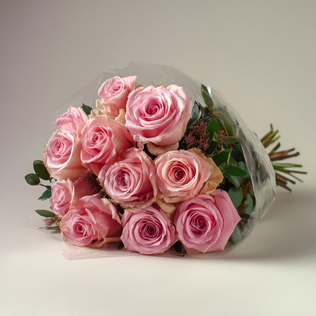 Elegant Long Stem Pink Roses Bouquet - One Dozen