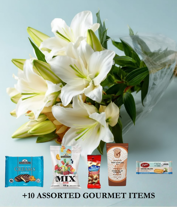 All White Lily Bouquet & Gourmet Gifts