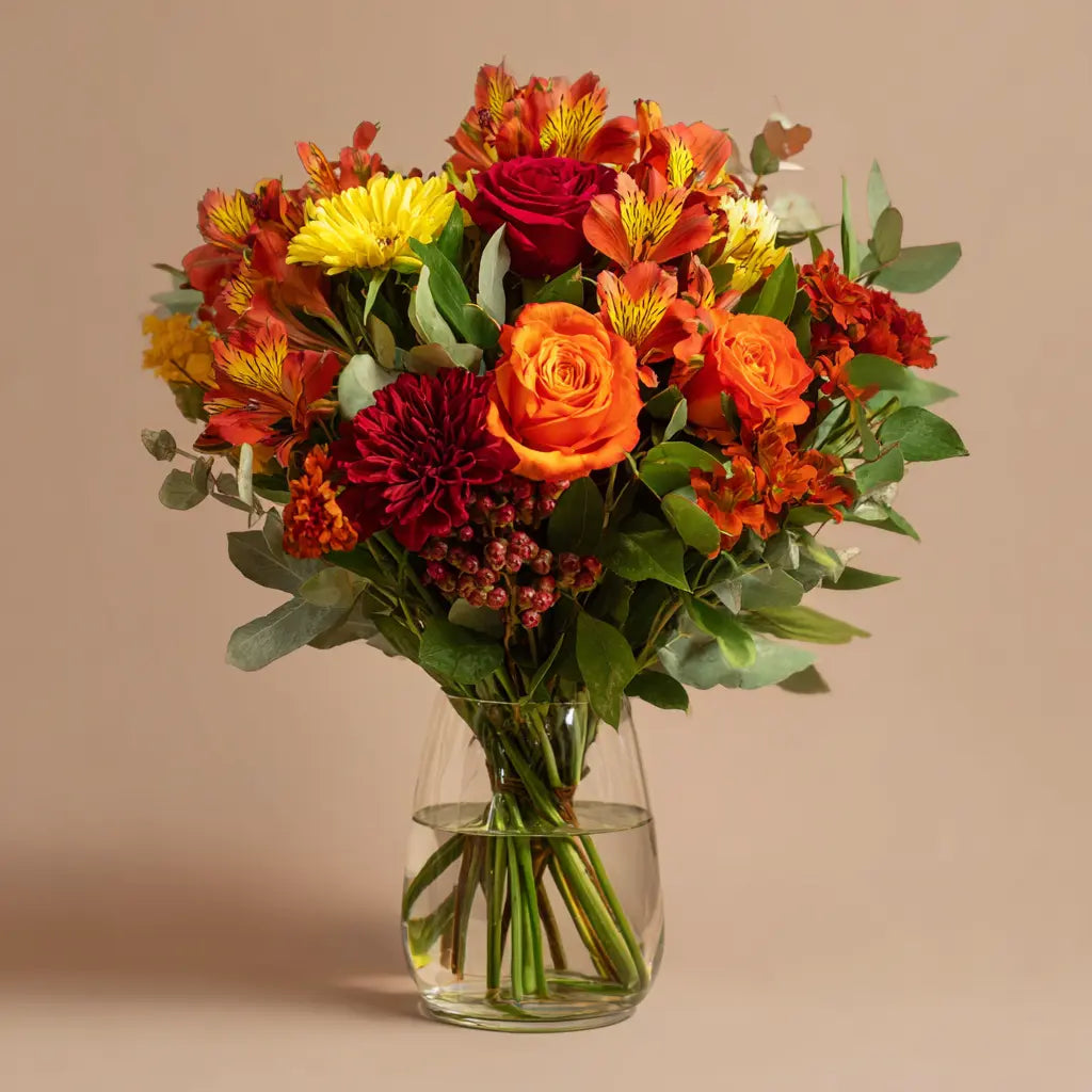 Custom Designed Autumn Inspired Hand Tied Bouquet Large | with Card, Truffles & Vase Send Blooms