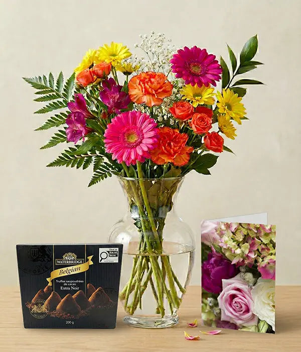 Bright Colours Designer’s Choice with Vase, Card & Truffles Send Blooms