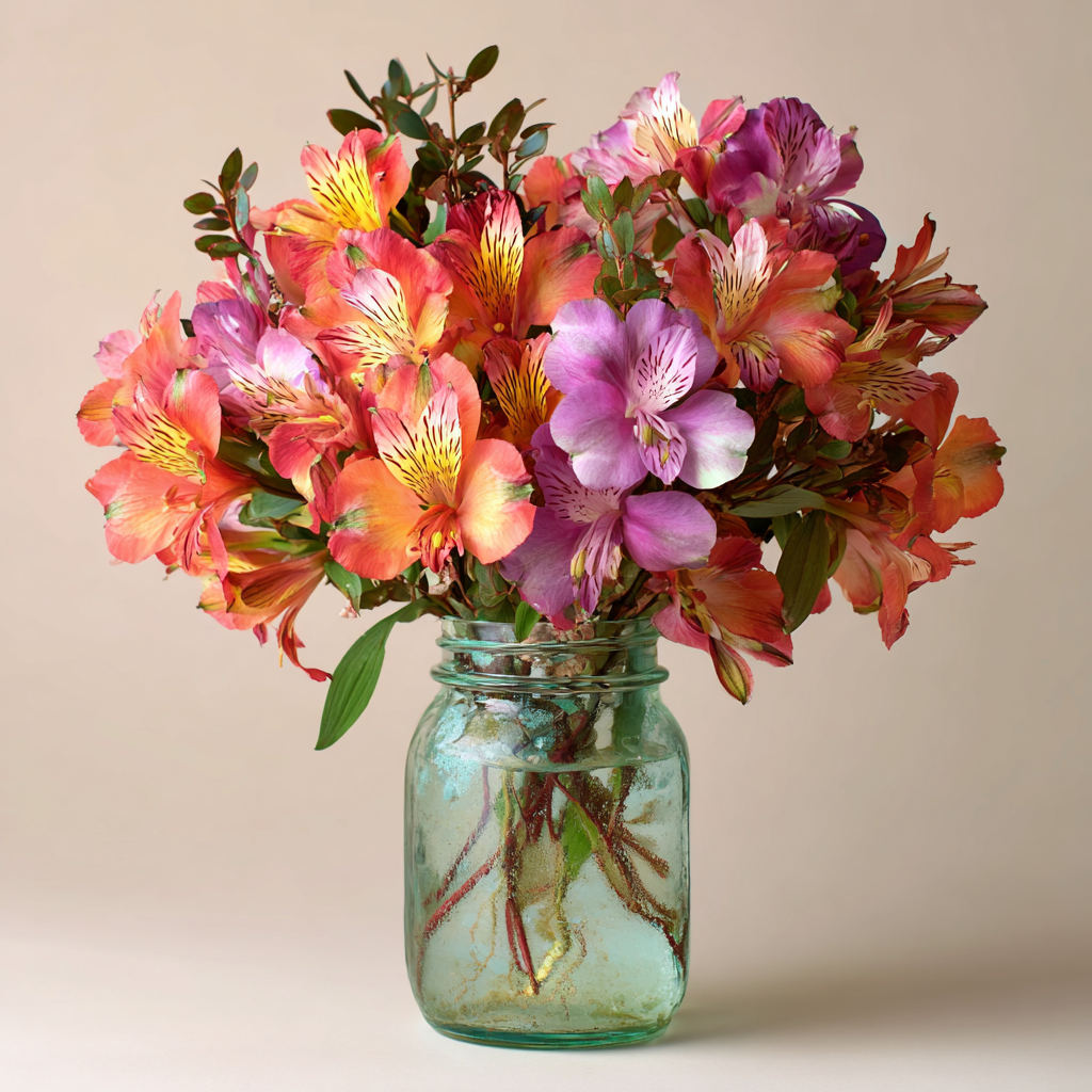 Colourful Alstroemeria Bouquet in Mason Jar - 30 Blooms