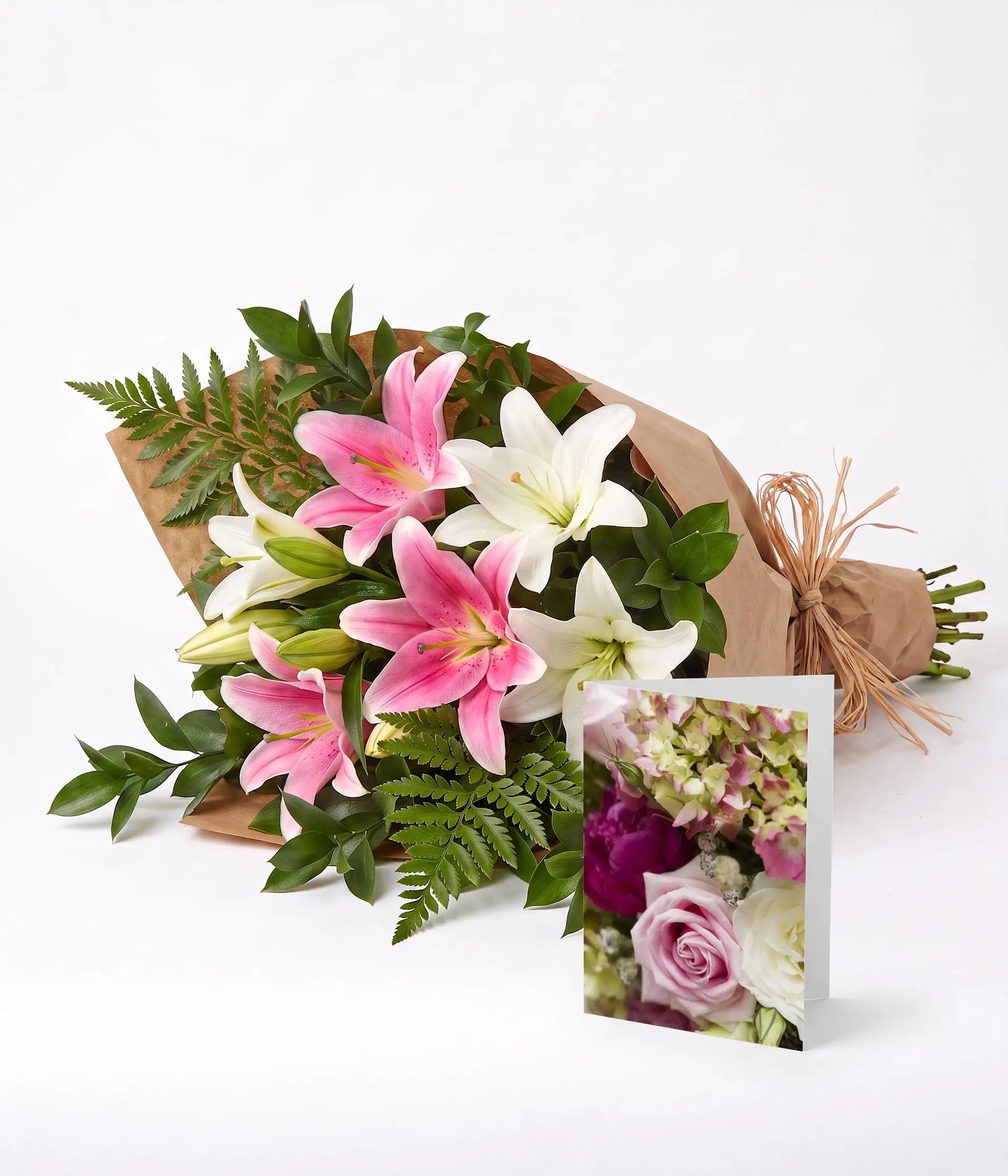 Bunch of Pink & White Lilies with Card Send Blooms