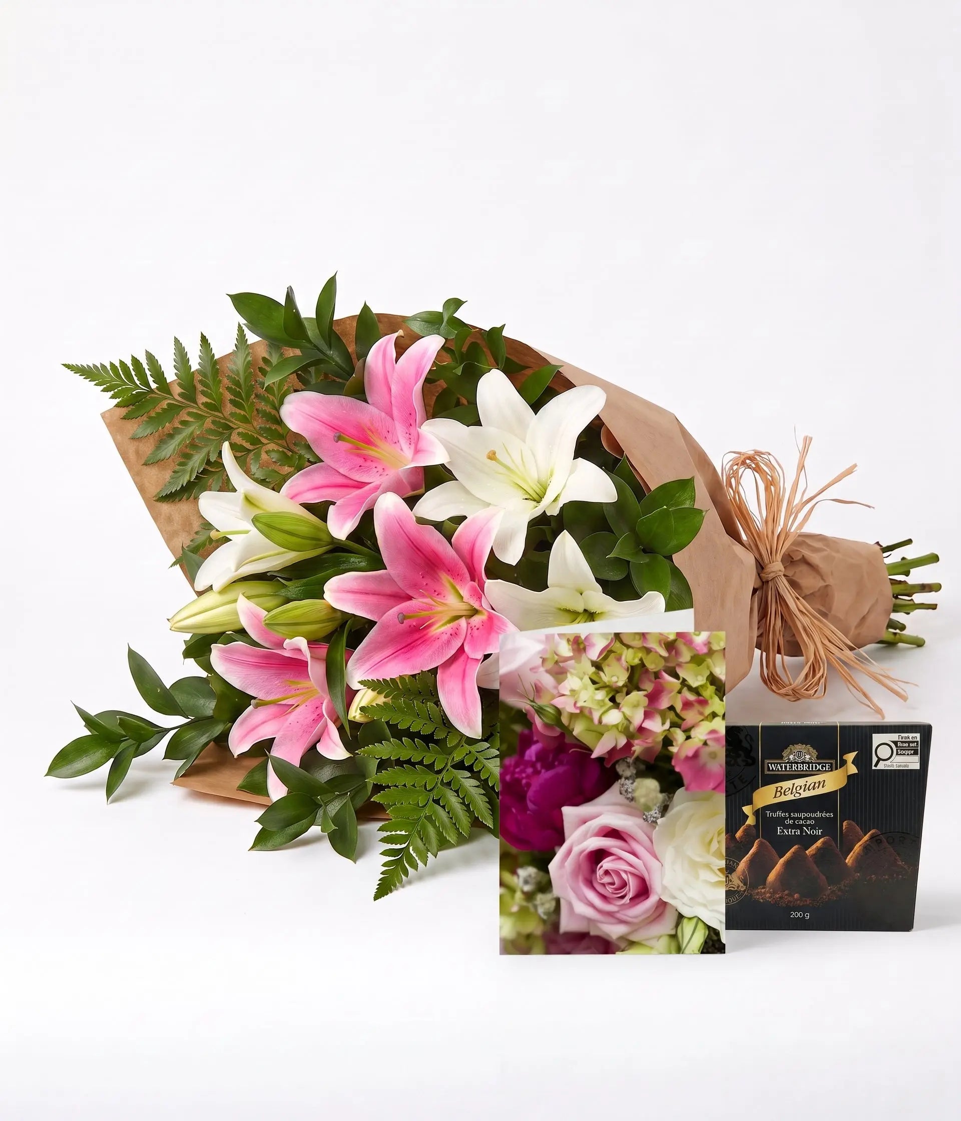 Bunch of Pink & White Lilies with Card & Truffles Send Blooms