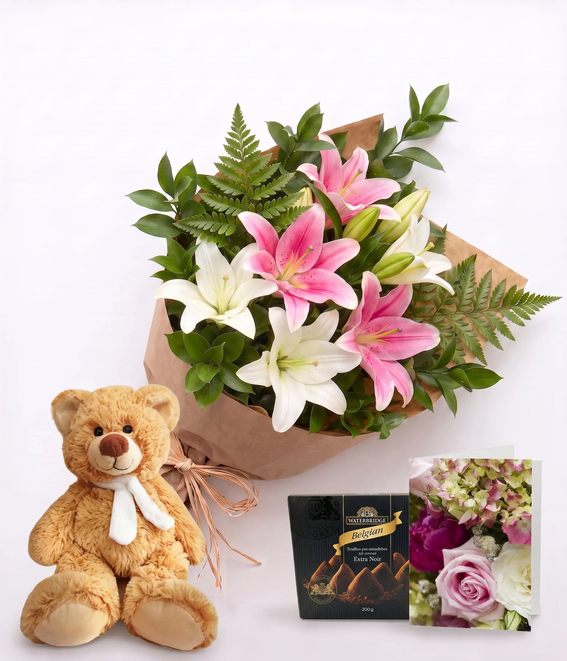 Bunch of Pink & White Lilies with Card, Truffles & Teddy Send Blooms