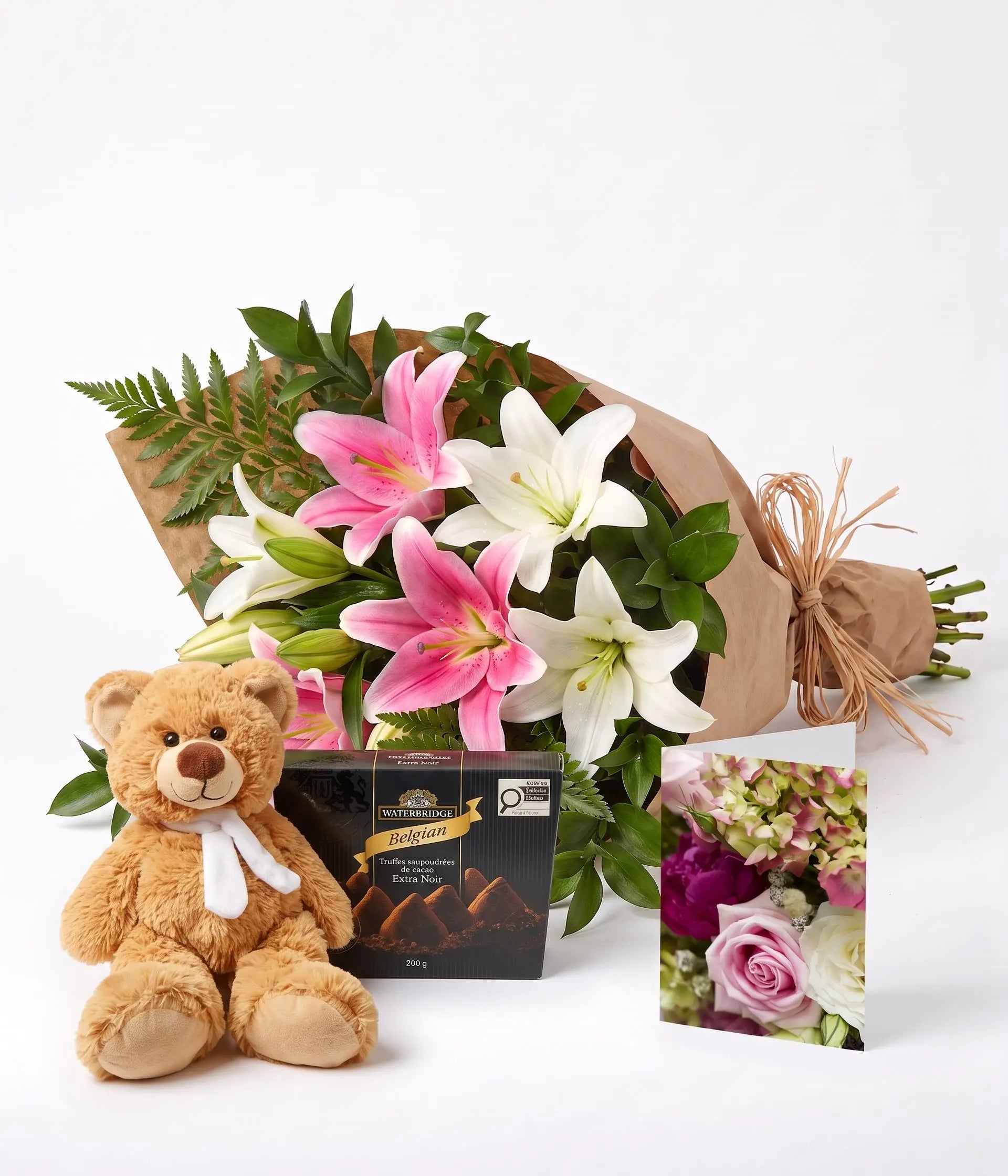 Bunch of Pink & White Lilies with Card, Truffles & Teddy Send Blooms