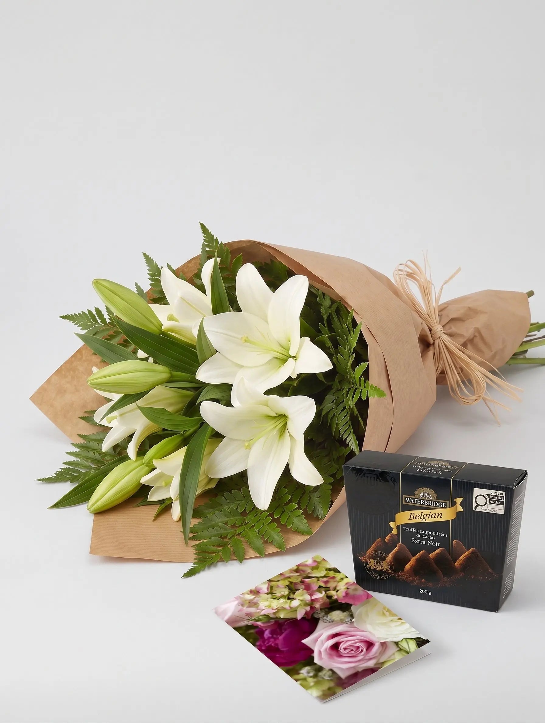 Bunch of White Lilies with Card & Truffles Send Blooms