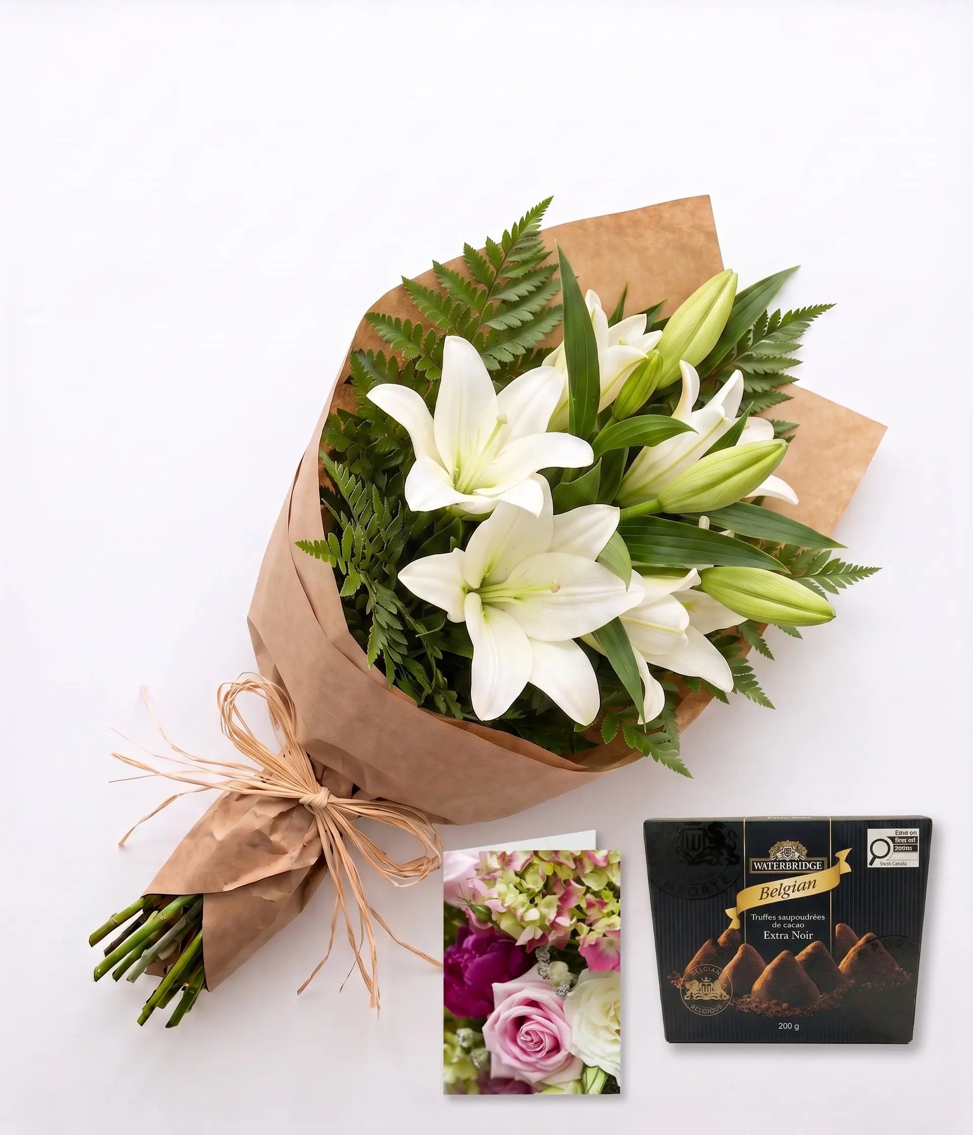 Bunch of White Lilies with Card & Truffles Send Blooms