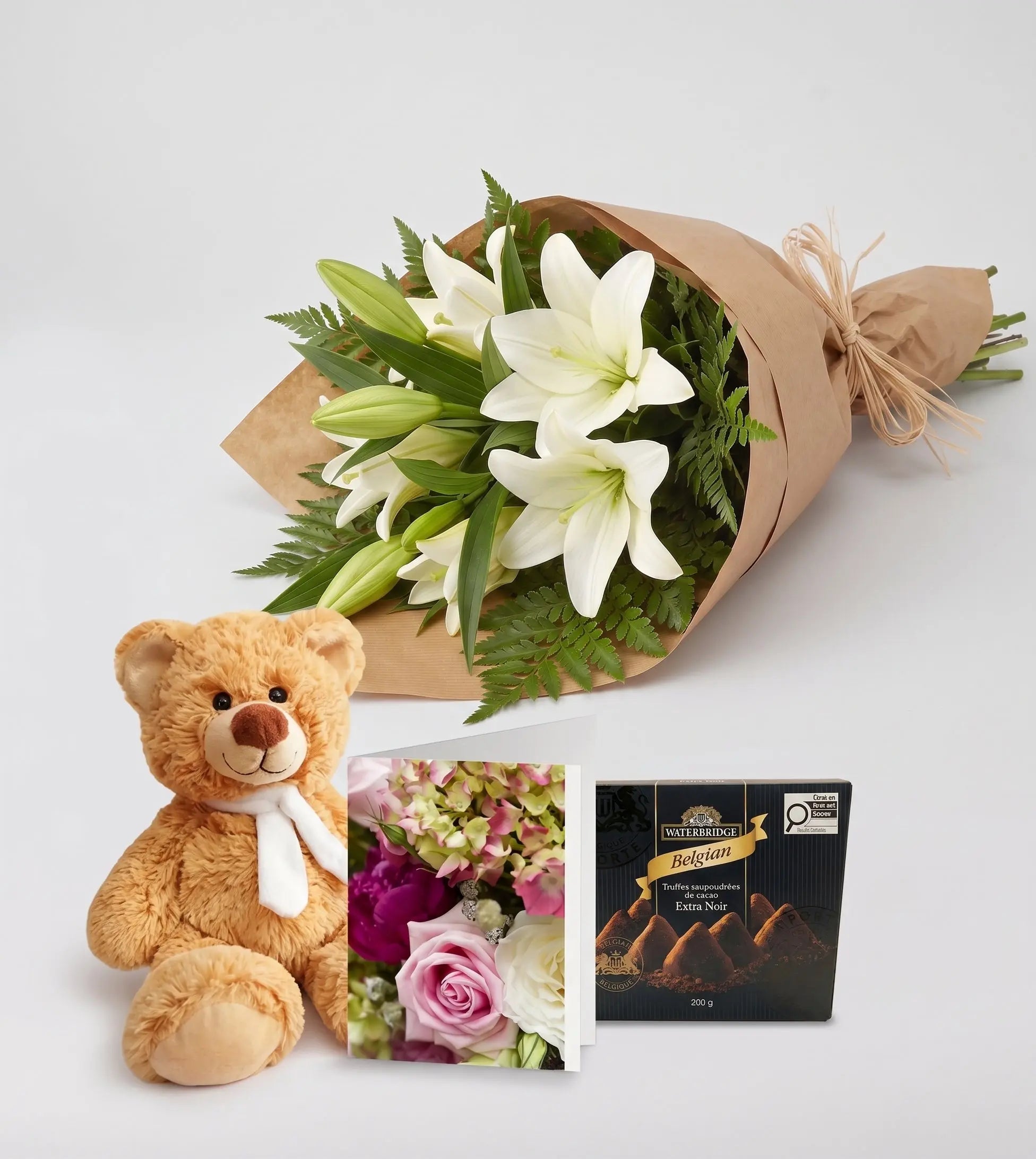 Bunch of White Lilies with Card, Truffles & Teddy Send Blooms