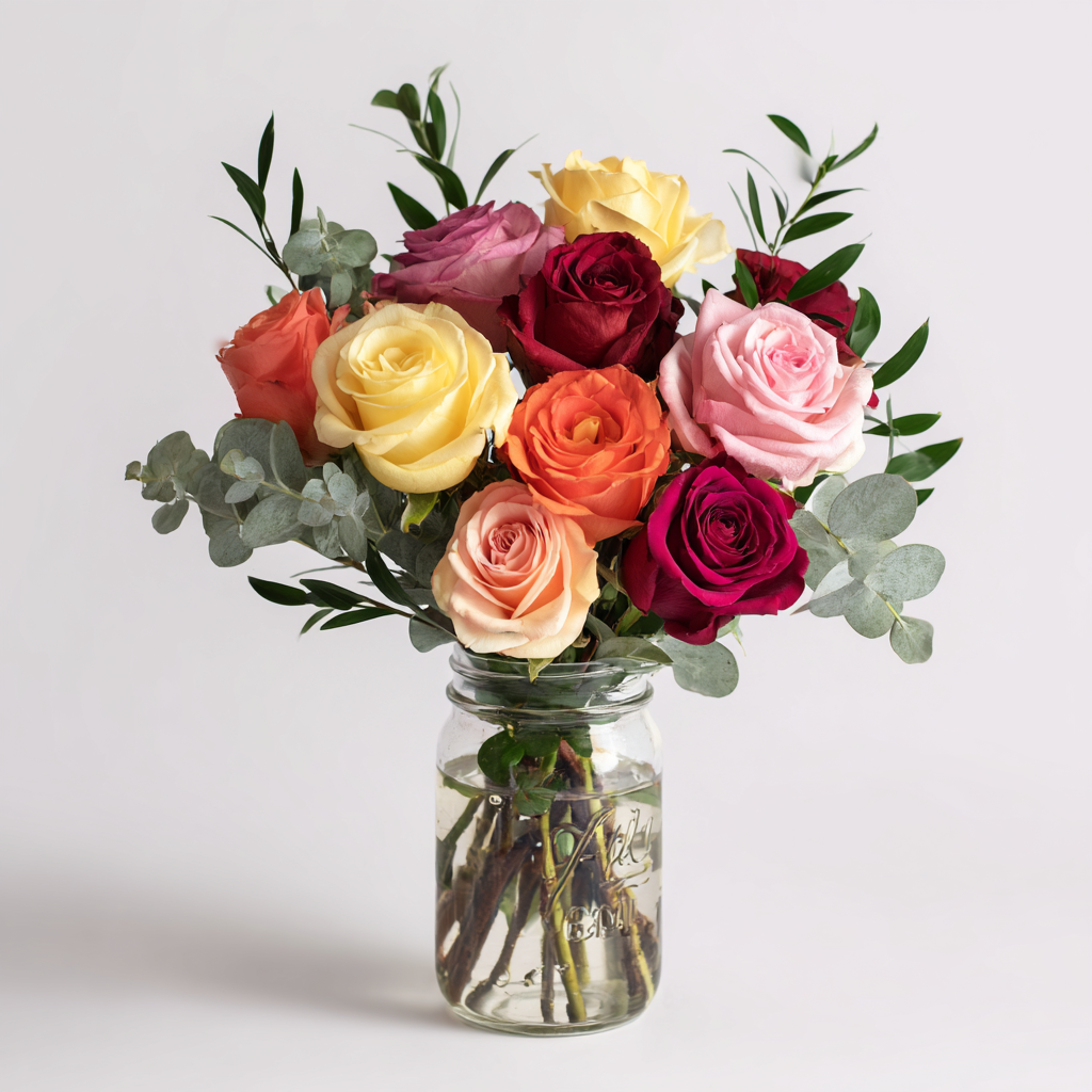 Colourful Roses in Mason Jar