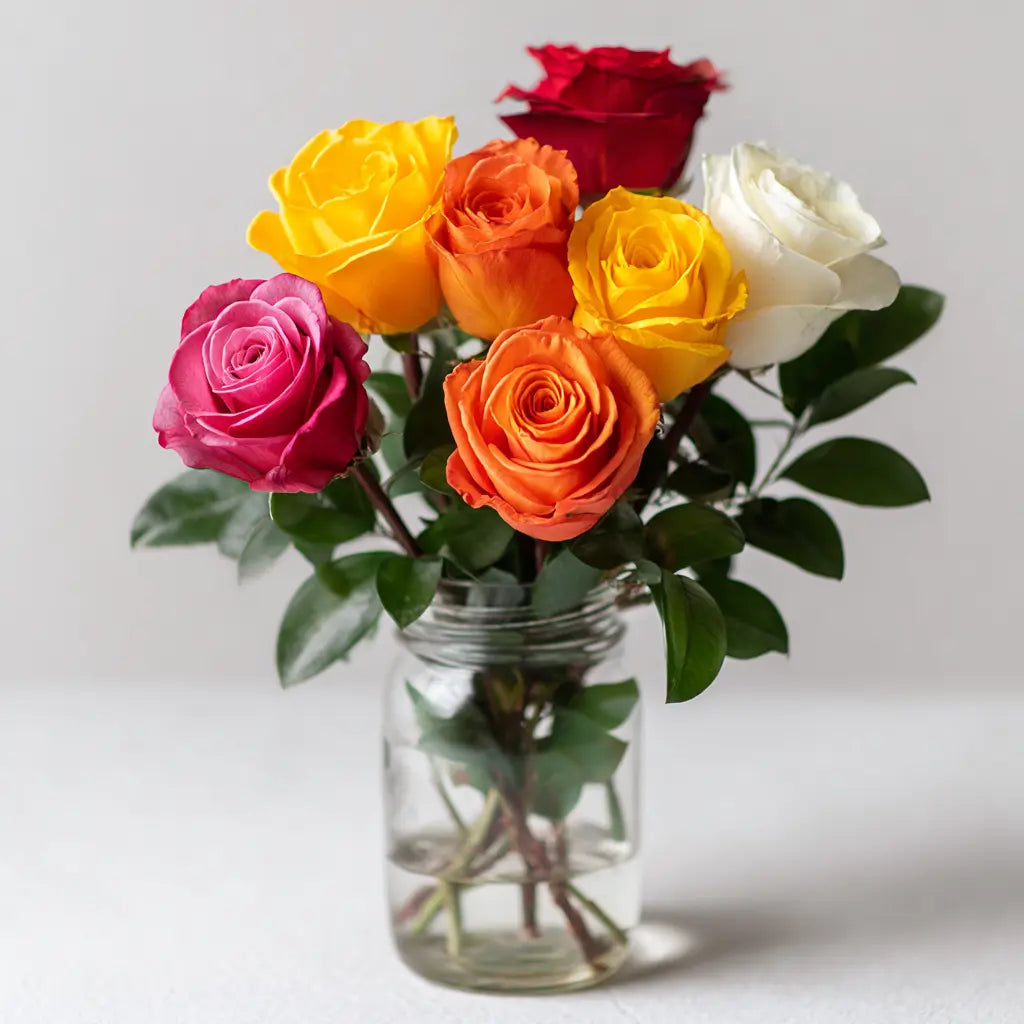 Colourful Roses in Mason Jar Send Blooms