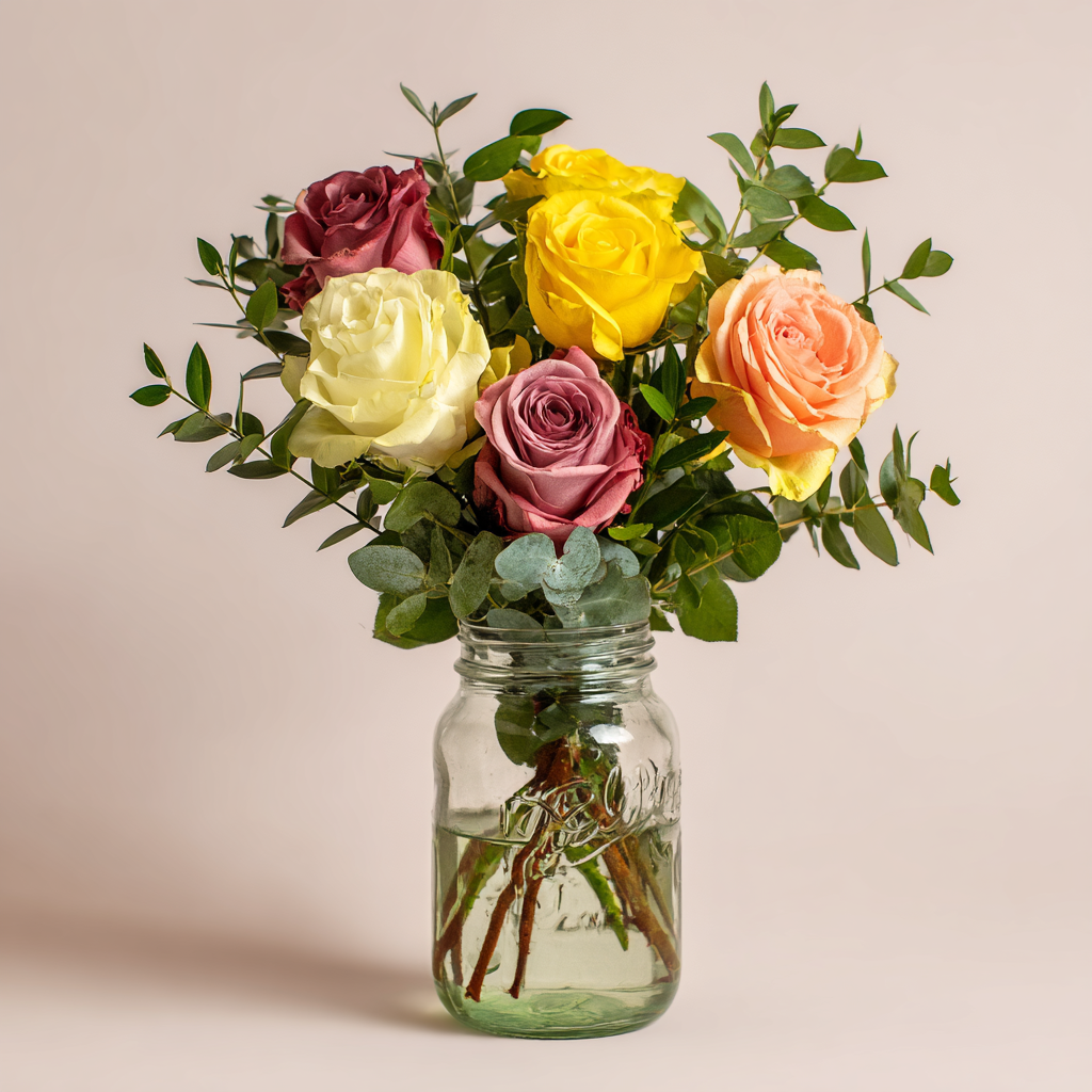 Colourful Roses in Mason Jar