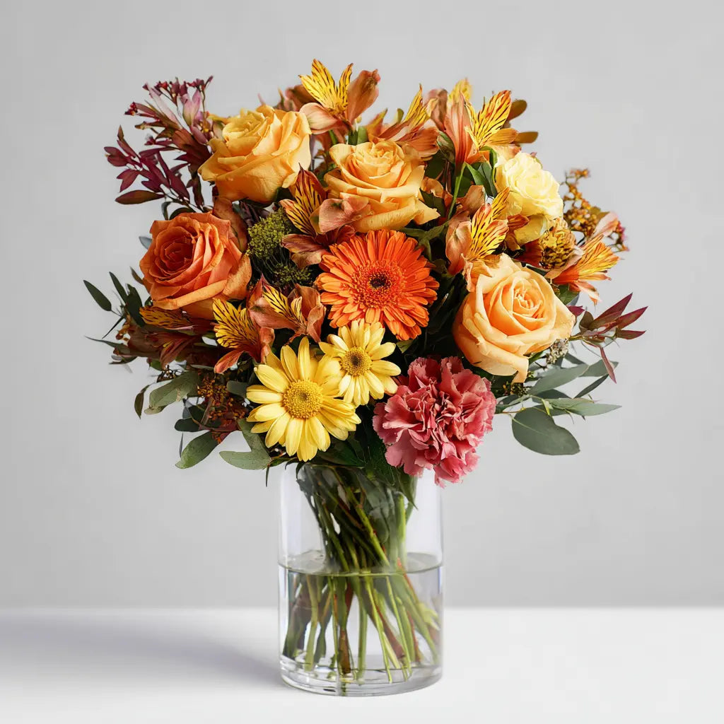 Custom Designed Autumn Inspired Hand Tied Bouquet Small | with Card, Truffles & Vase Send Blooms