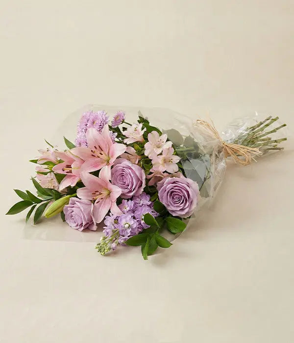 Lavender Rose & Pink Lily Hand-Tied Bouquet – Elegant Pastel Fresh Flowers Send Blooms