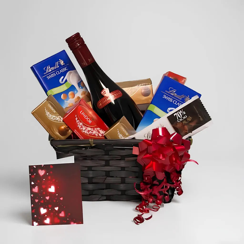 Sparkling Wine Gift Basket paired with Lindt Chocolate Send Blooms