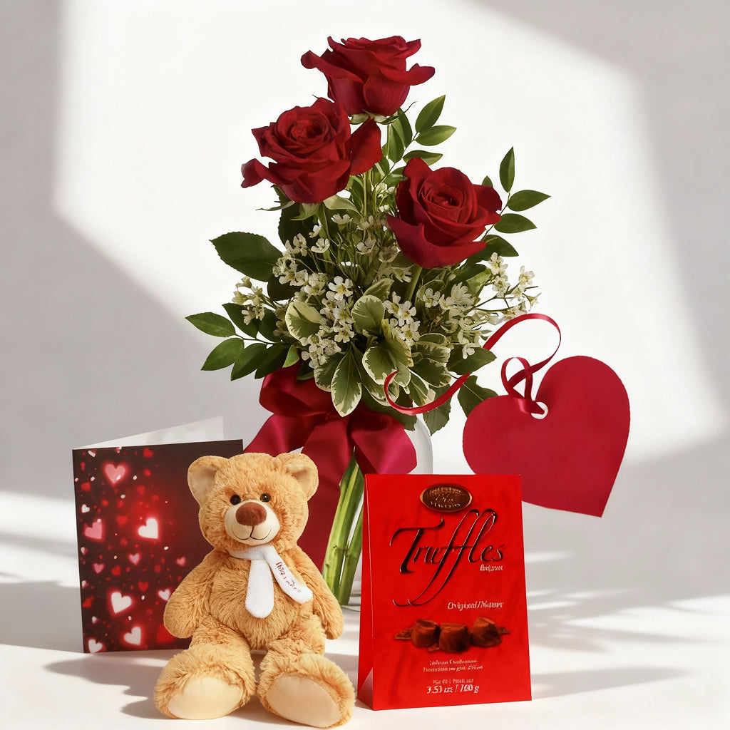 Luxury Rose, Teddy Bear & Chocolate Truffles Gift Set Send Blooms
