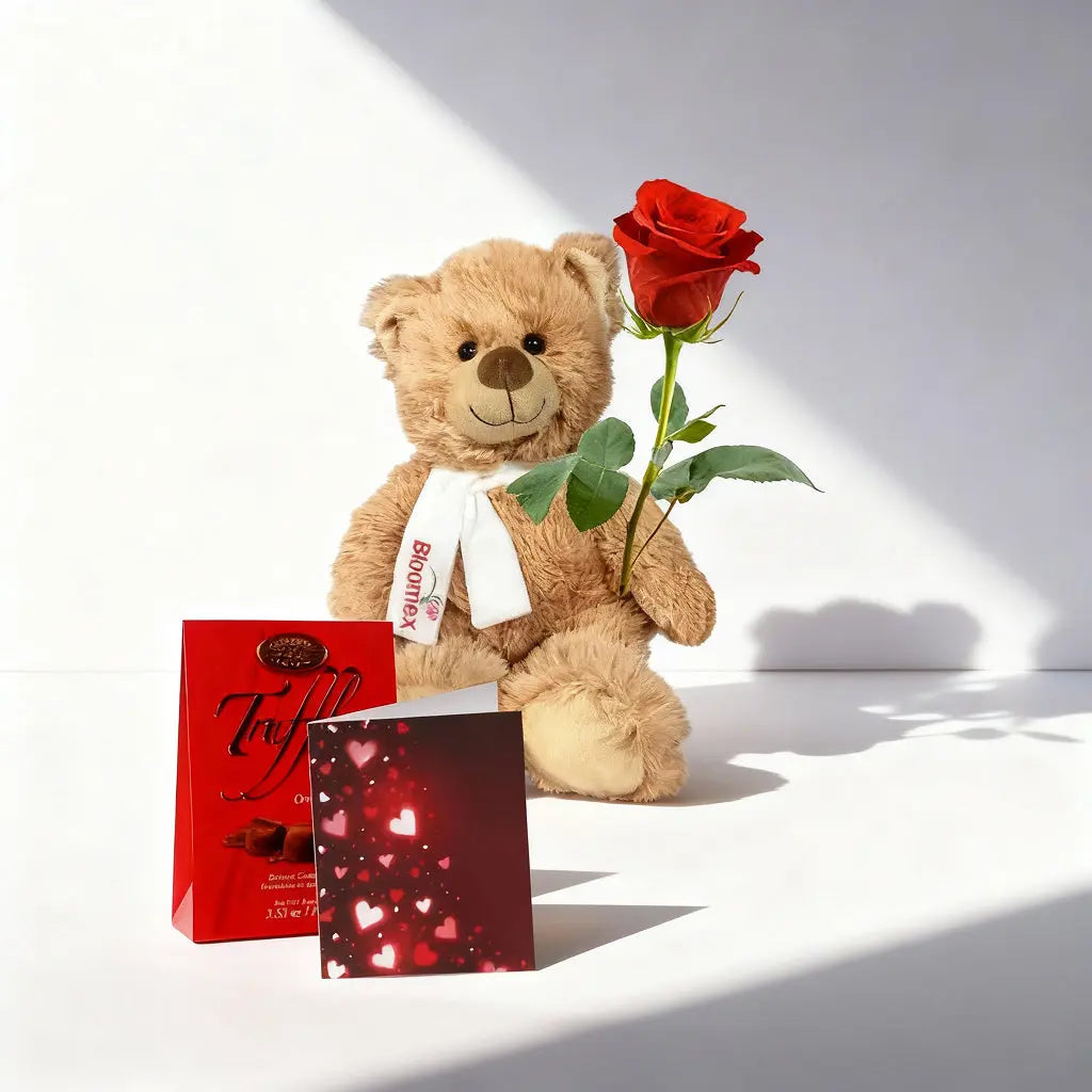Luxury Rose Teddy Bear Gift Set with Gourmet Truffles and Greeting Card Send Blooms