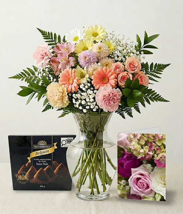Pastel Colours Designer’s Choice with Vase, Card & Truffles Send Blooms