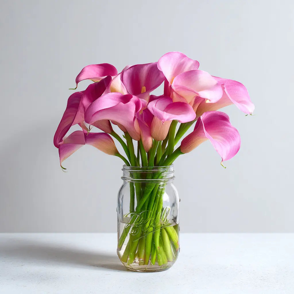 Elegant Pink Calla Lilies in Rustic Mason Jar Vase Send Blooms