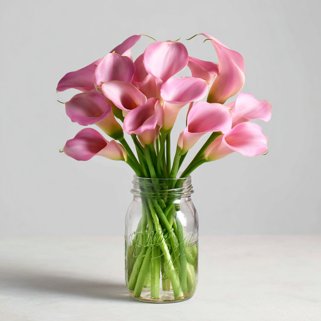 Elegant Pink Calla Lilies in Rustic Mason Jar Vase