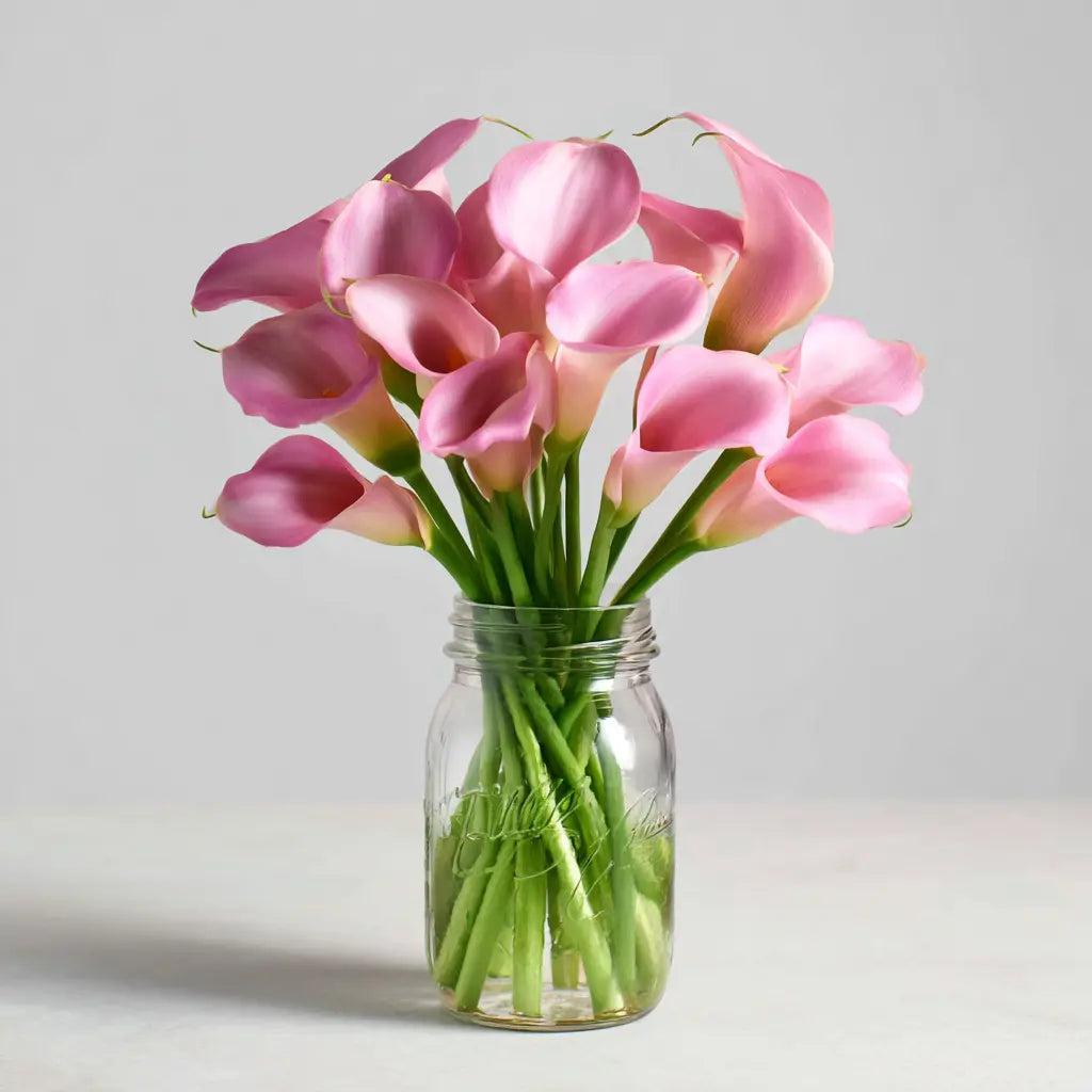 Elegant Pink Calla Lilies in Rustic Mason Jar Vase Send Blooms