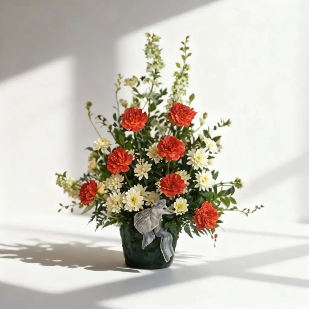 Red & White Funeral Arrangement Send Blooms