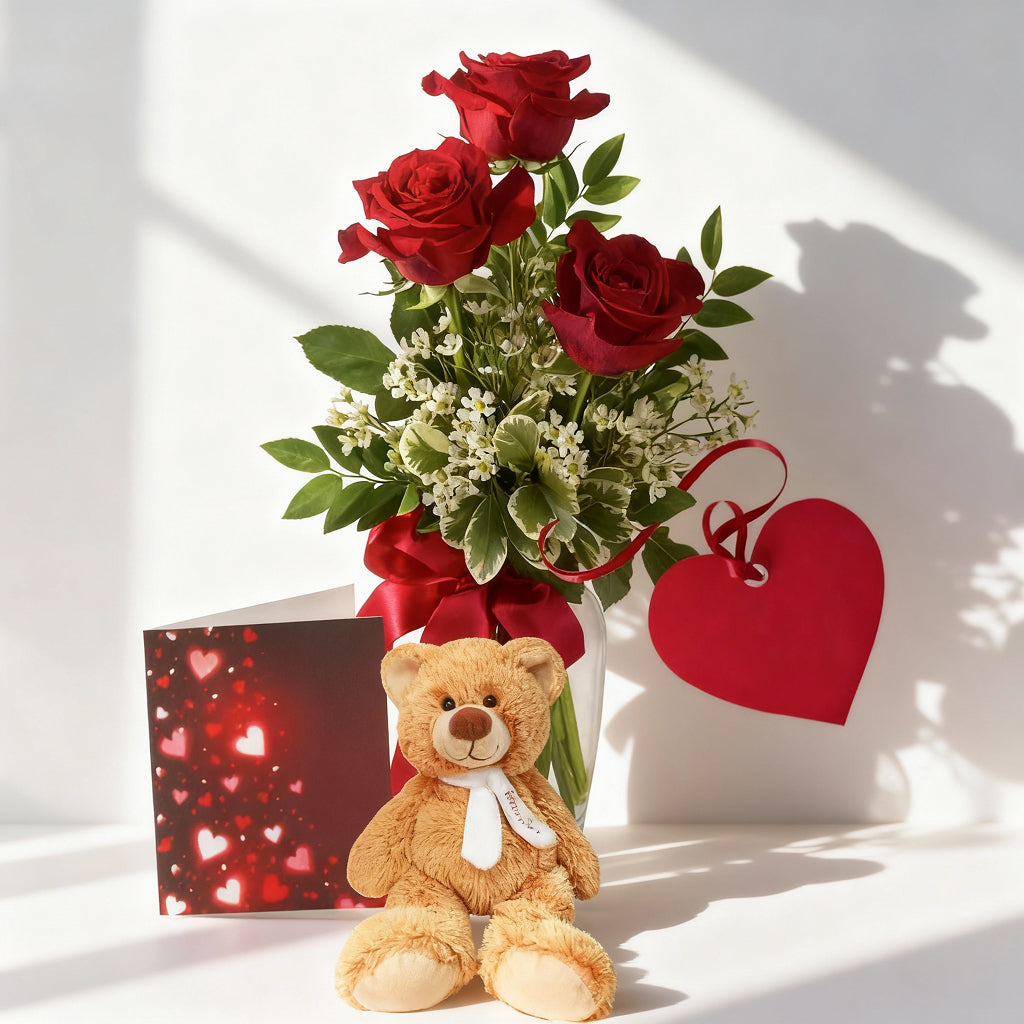 Romantic Roses & Teddy Bear Gift Set Send Blooms