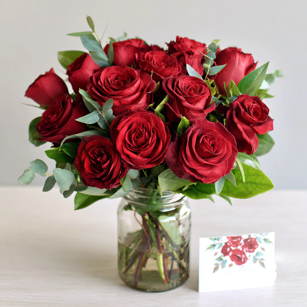 Sweetheart Roses in Rustic Mason Jar | With Full Size Card