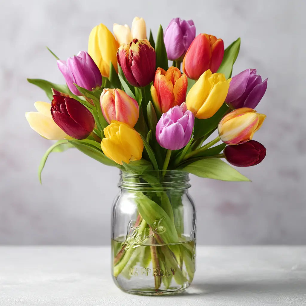 Spring Tulips in Rustic Mason Jar Send Blooms