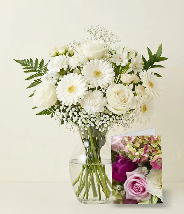 White Bouquet Designer’s Choice with Vase & Card Send Blooms