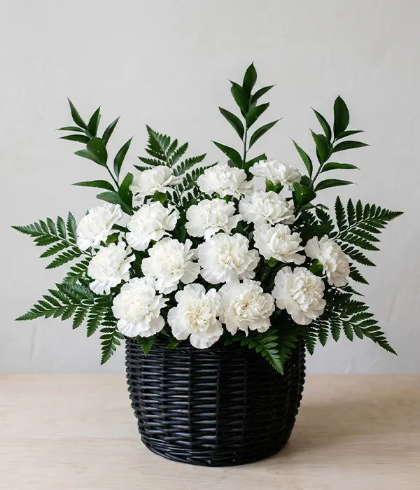 White Sympathy Flower Basket Arrangement Send Blooms