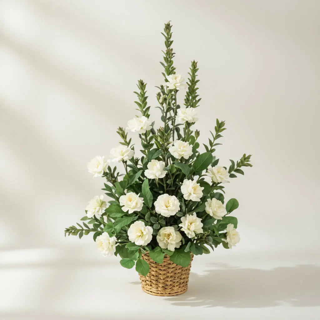White Sympathy Planter Basket Arrangement Send Blooms