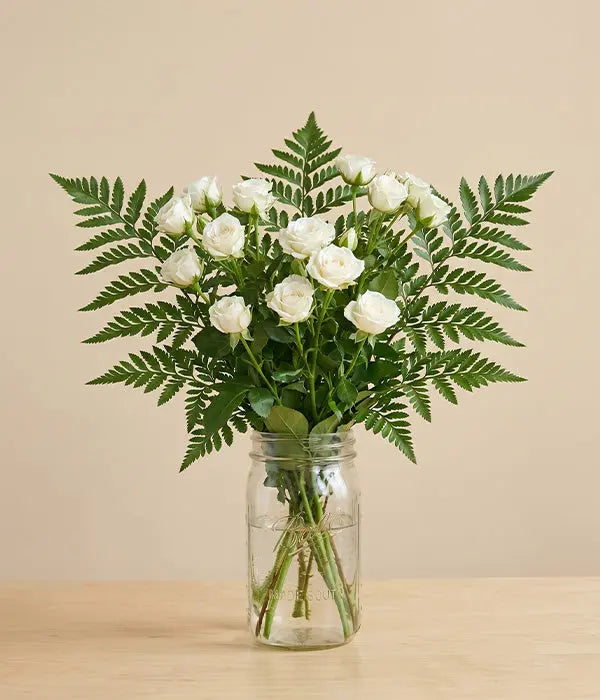 30 Blooms of White Spray Roses in a Mason Jar Send Blooms