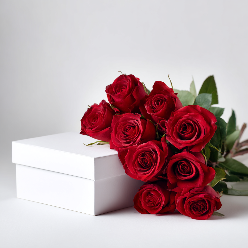 A dozen roses in a gift box