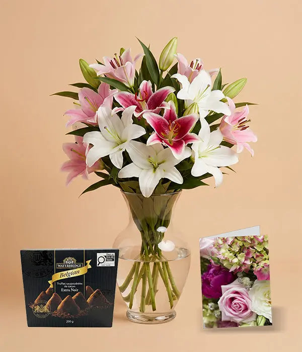 Assorted Oriental Lily Bouquet with Vase, Card & Truffles Send Blooms