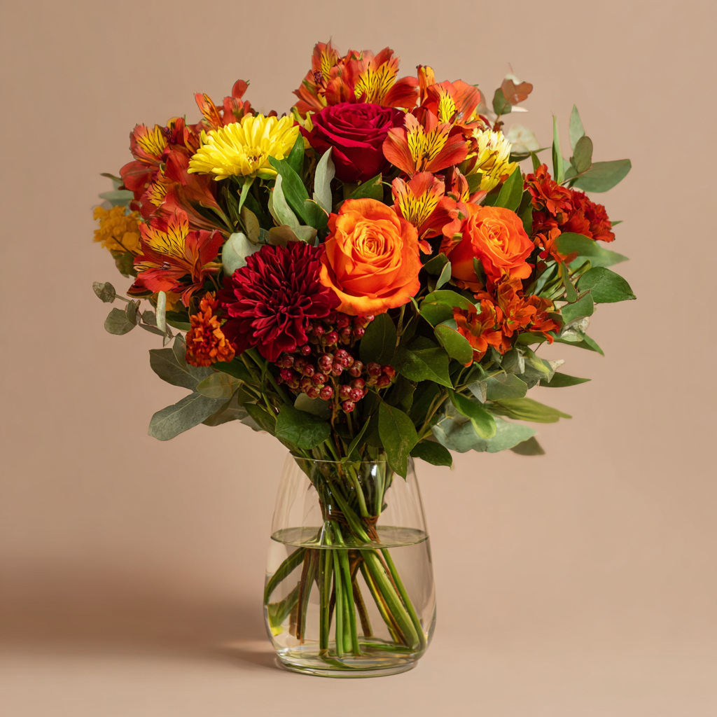Custom Designed Autumn Inspired Hand Tied Bouquet Large | with Card, Truffles & Vase