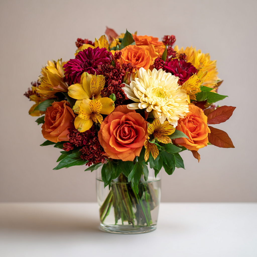 Custom Designed Autumn Inspired Hand Tied Bouquet Large | with Card, Truffles & Vase