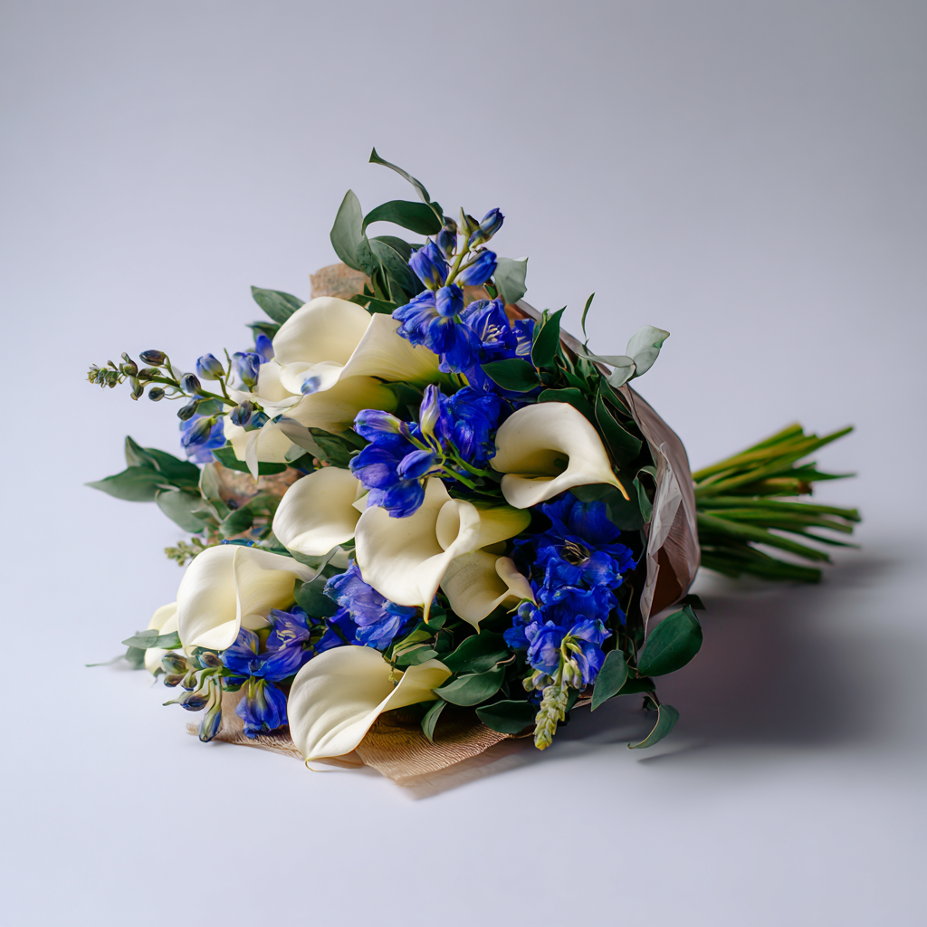 White Calla Lilies with Blue Bouquet