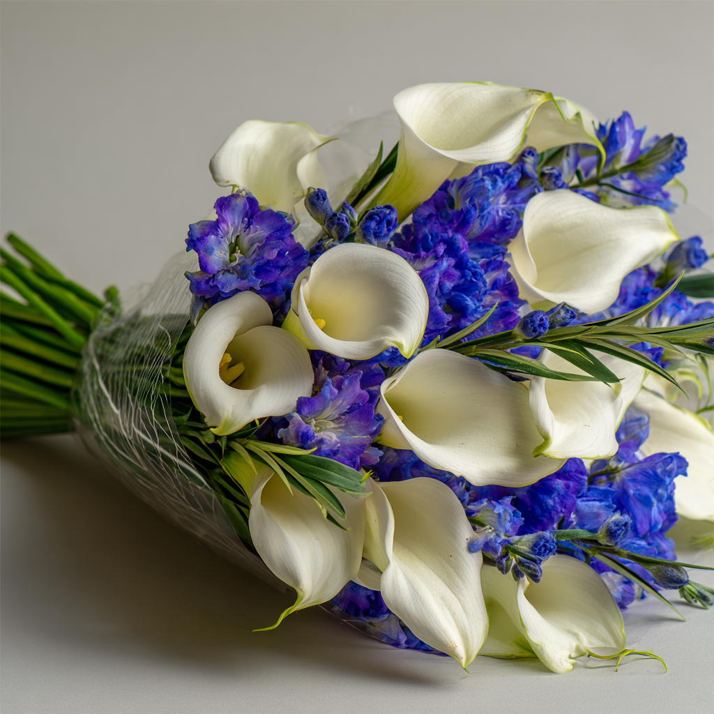 White Calla Lilies with Blue Bouquet