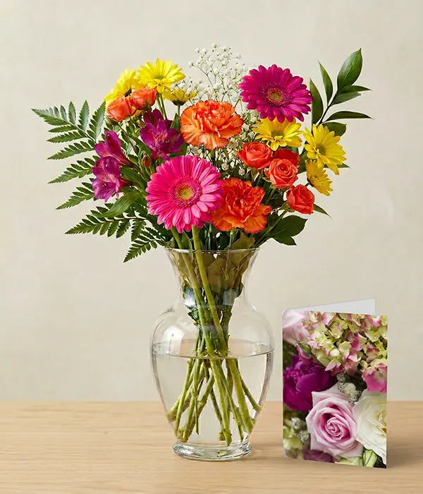 Bright Colours Designer’s Choice with Vase & Card Send Blooms