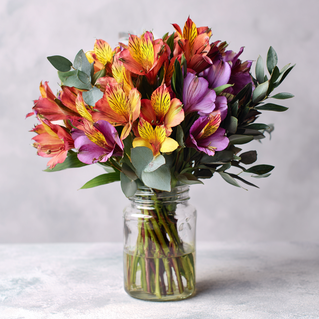 Colourful Alstroemeria Bouquet in Mason Jar - 30 Blooms