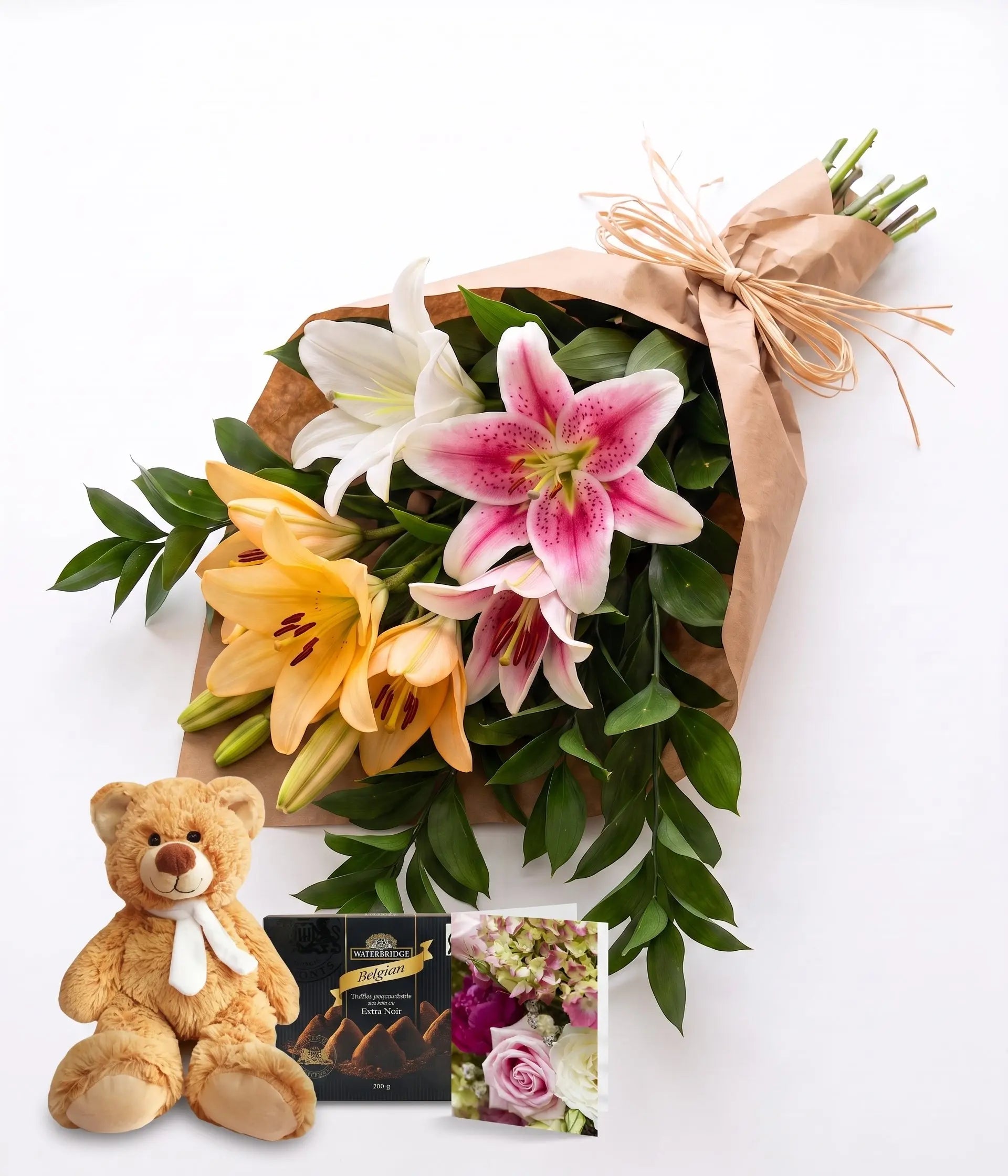 Bunch of Assorted Lilies with Card, Truffles & Teddy Send Blooms