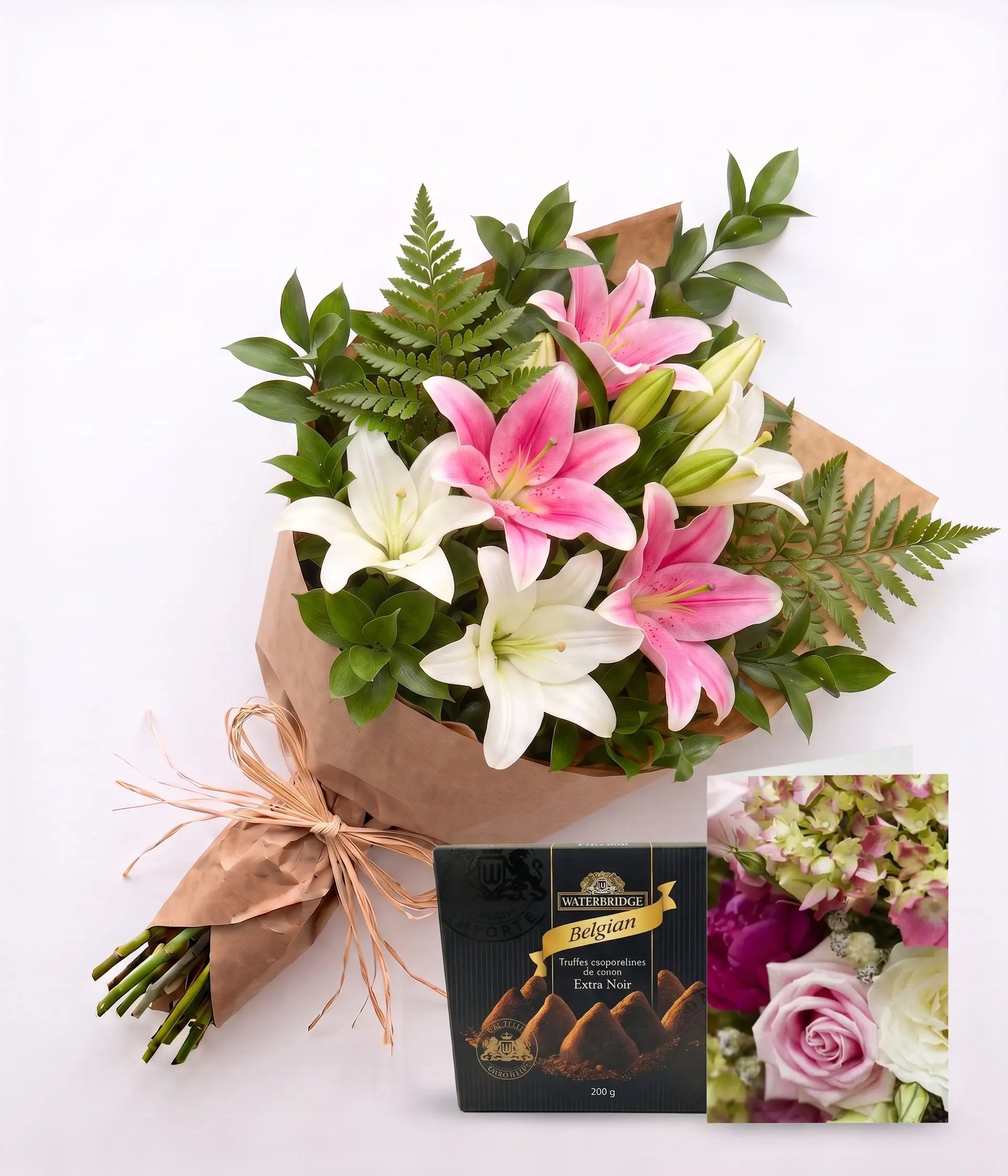 Bunch of Pink & White Lilies with Card & Truffles Send Blooms