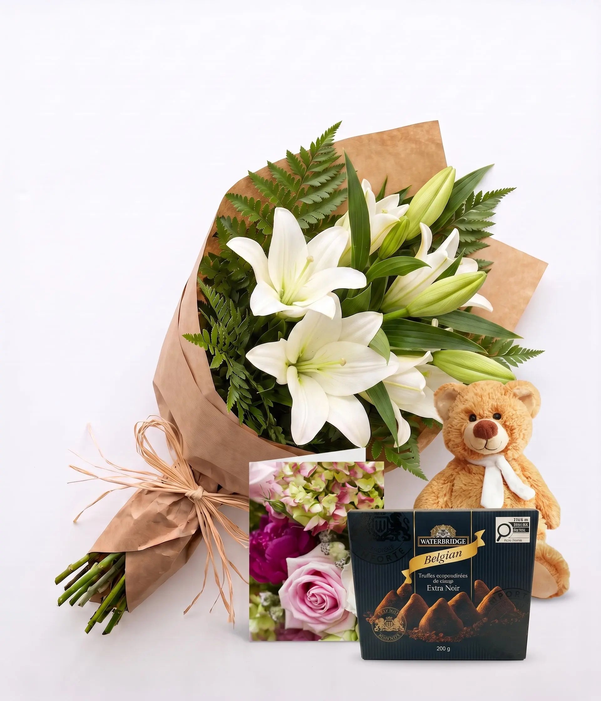 Bunch of White Lilies with Card, Truffles & Teddy Send Blooms