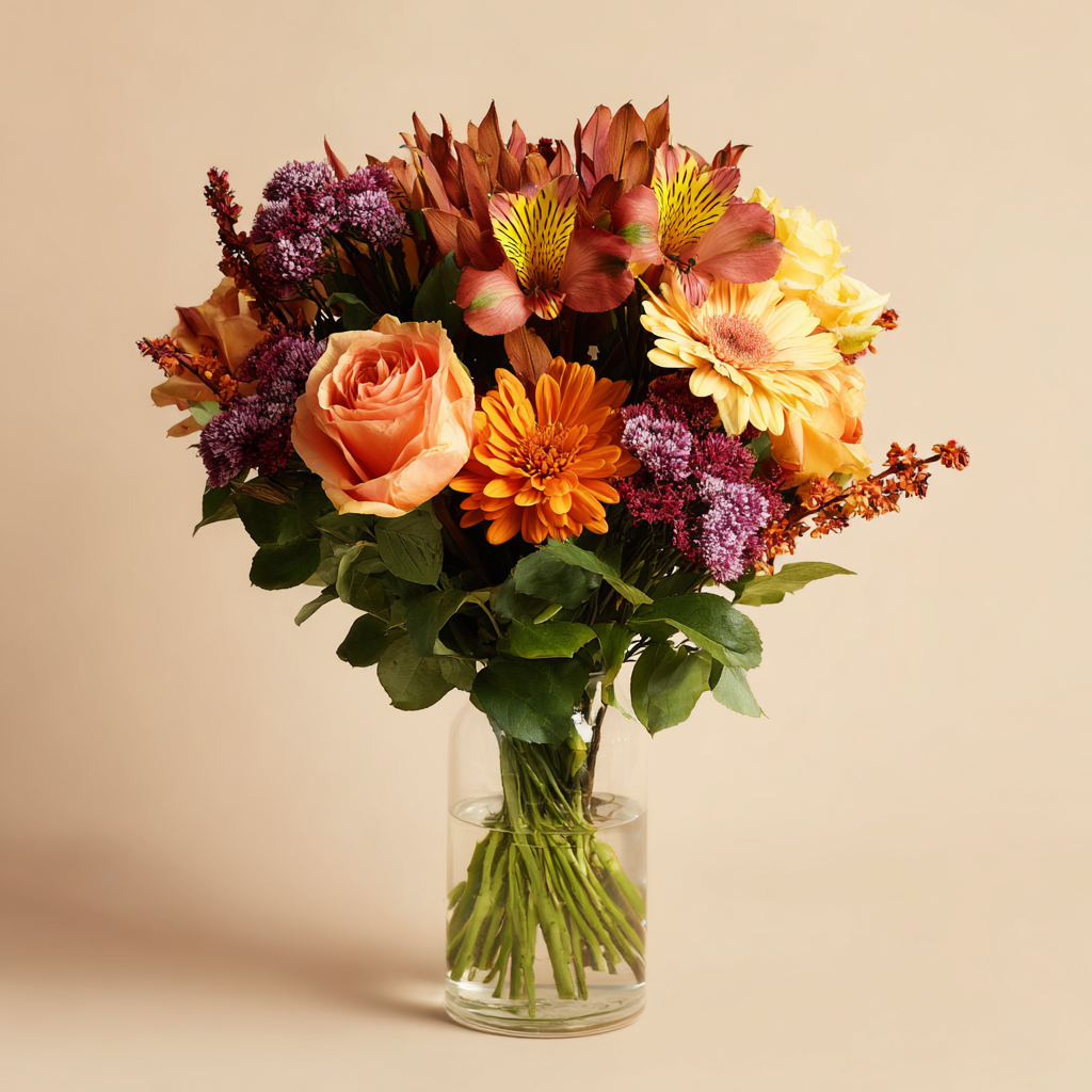 Custom Designed Autumn Inspired Hand Tied Bouquet Small | with Card, Truffles & Vase