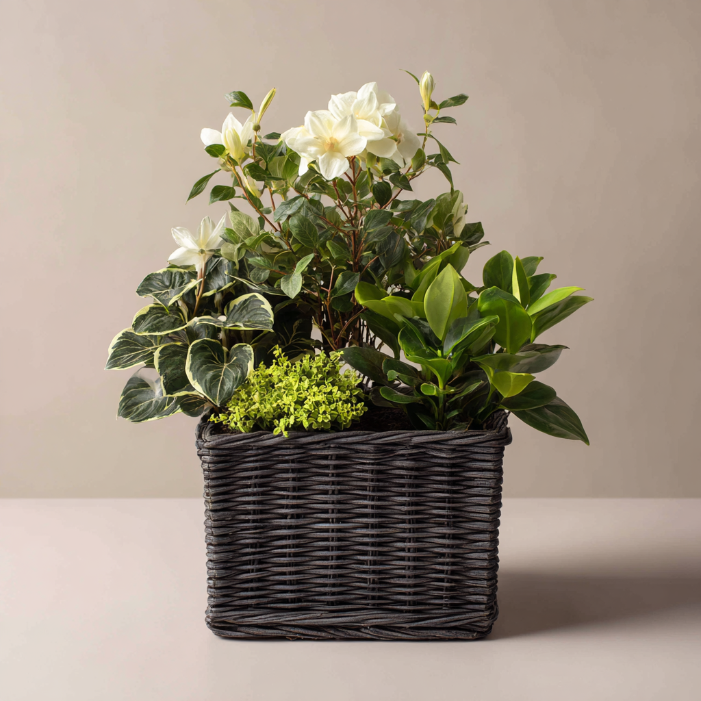 Elegant White Flowering Basket Planter