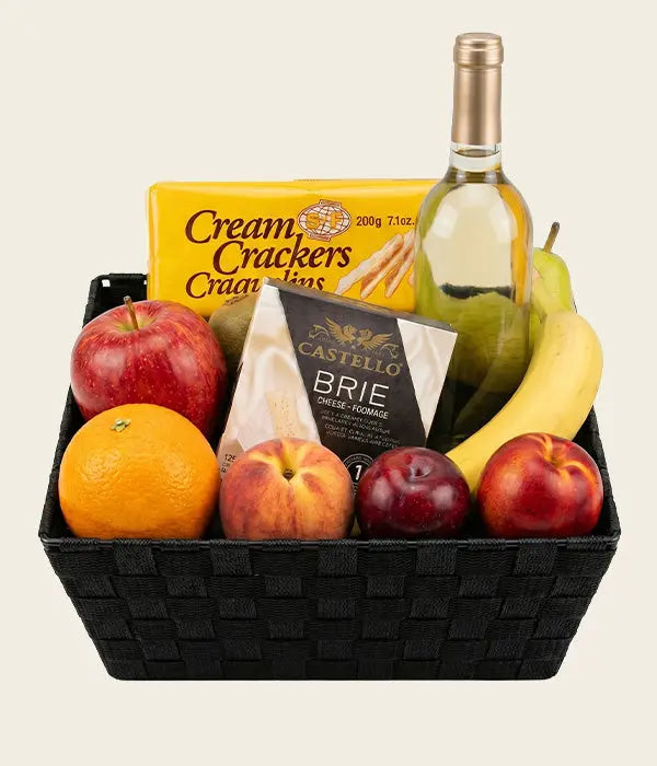 Fruit, White Wine & Cheese Basket Send Blooms