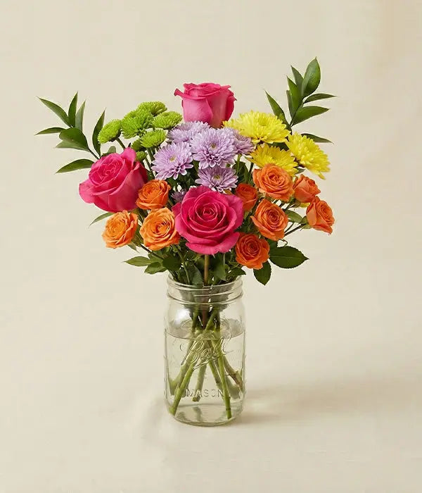 Bright Garden Rose & Mum Mason Jar – Colourful Fresh Flower Arrangement Send Blooms