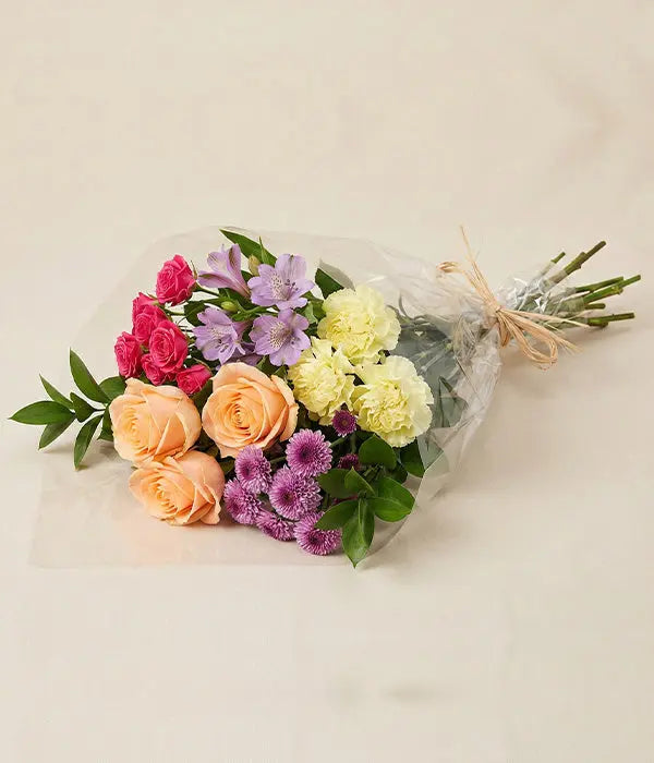 Peach Rose & Alstroemeria Hand-Tied Bouquet – Soft Pink & Cream Fresh Flowers Send Blooms