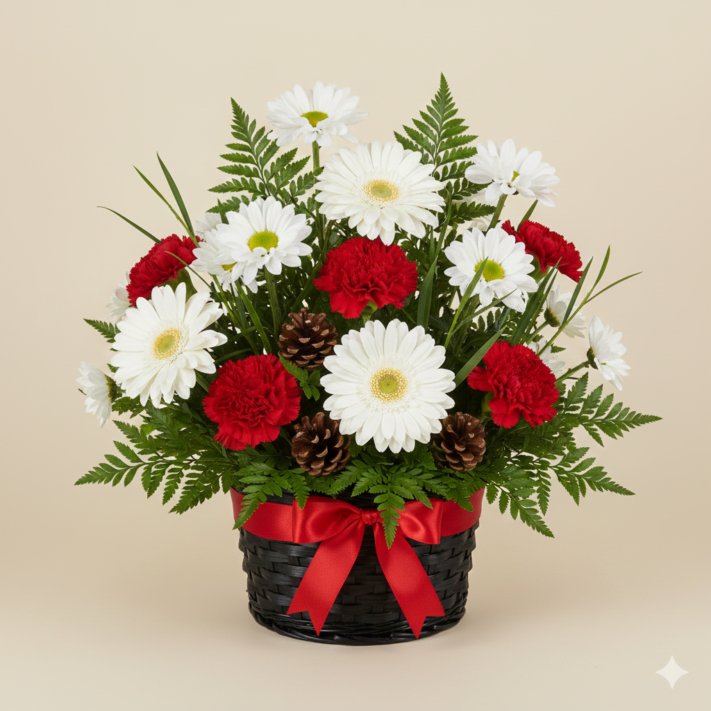 Winter Wonders Flower Basket – Fresh Flowers & Christmas Greenery