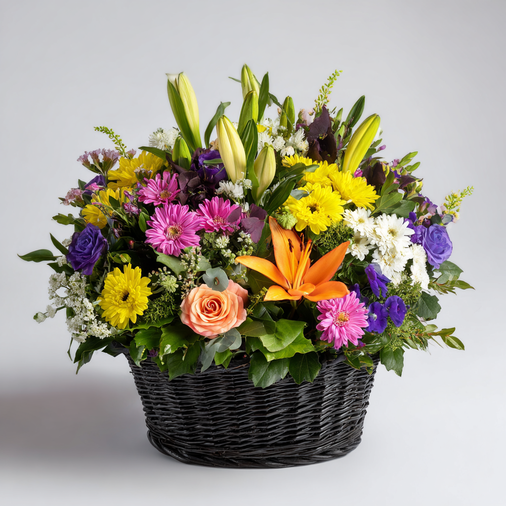 Mixed Seasonal Flower Basket Arrangement